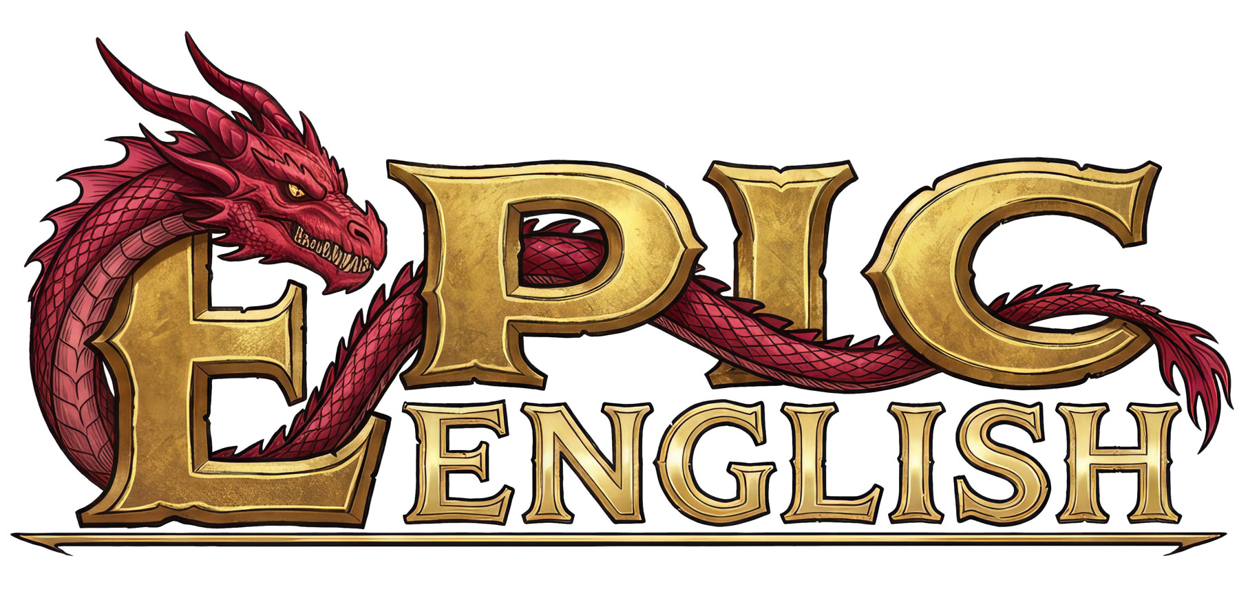 Epic English: las letras EPIC con un dragón rojo enroscado y la palabra ENGLISH debajo